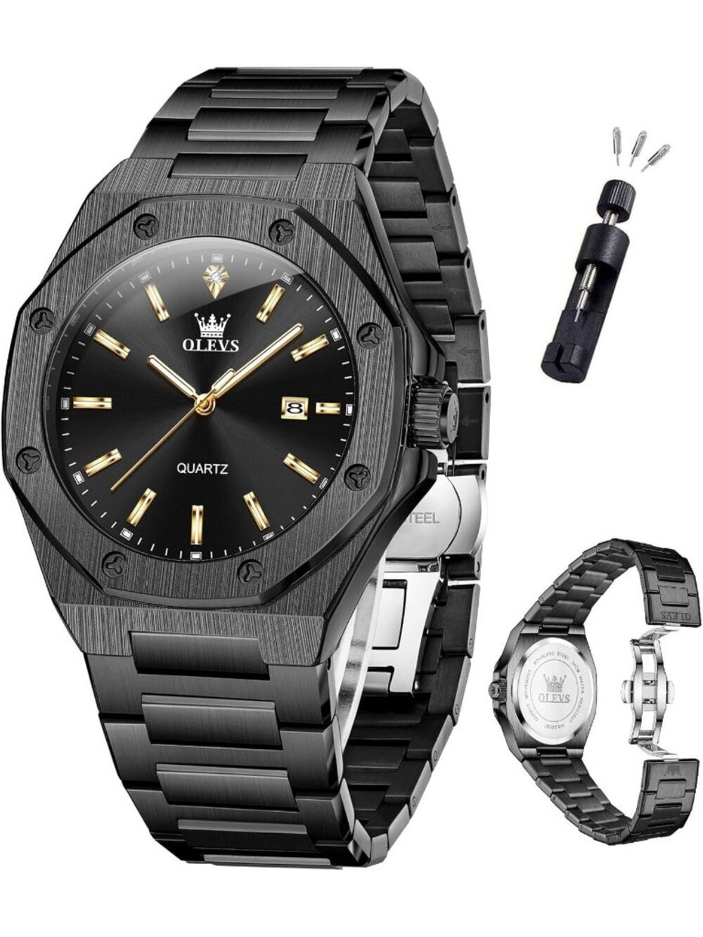 Men's Black Octagonal Luxury Stainless Steel Quartz Analog Large Face Wristwatch